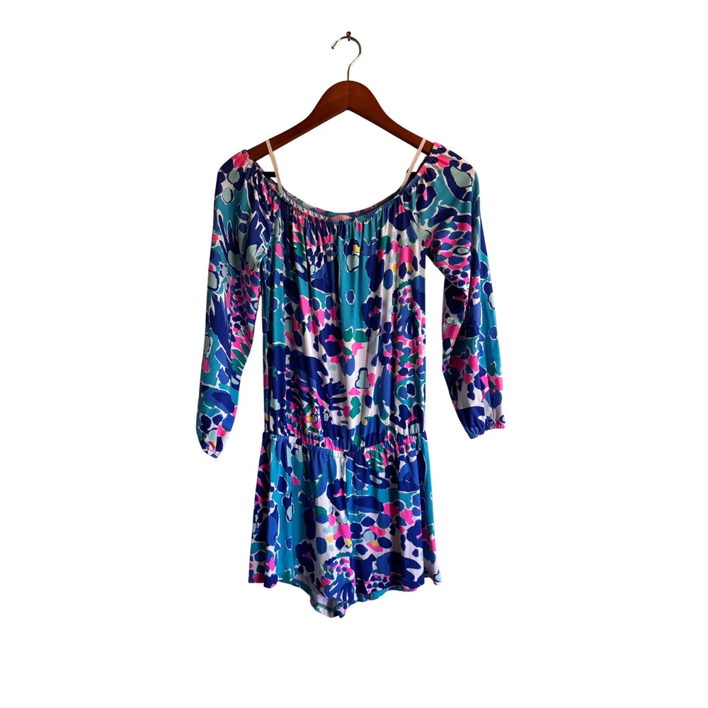 Lilly Pulitzer romper Women XS Blue Pink Abstract Floral Off Shoulder
